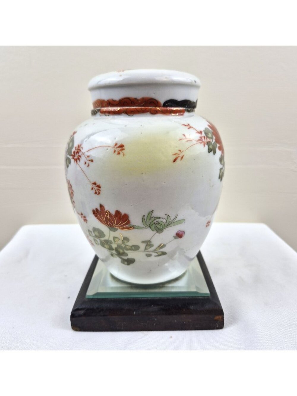 Hand-Painted Porcelain Ginger Jar With Floral & Bird Design Wooden Base 6 Inches